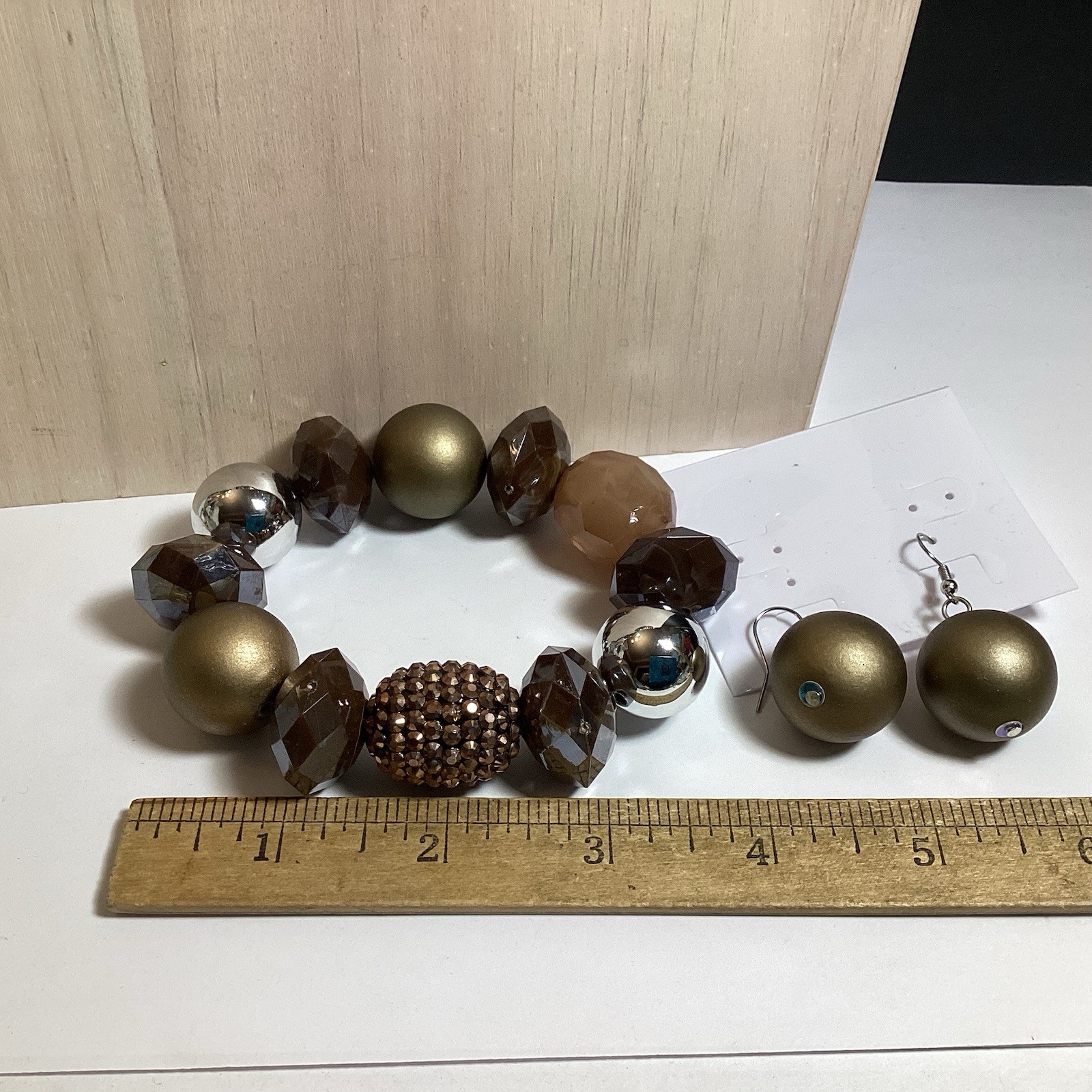 CHUNKY BEADED NECKLACE EARRINGS & STRETCH BRACELET SET SILVER GOLD BROWN COPPER