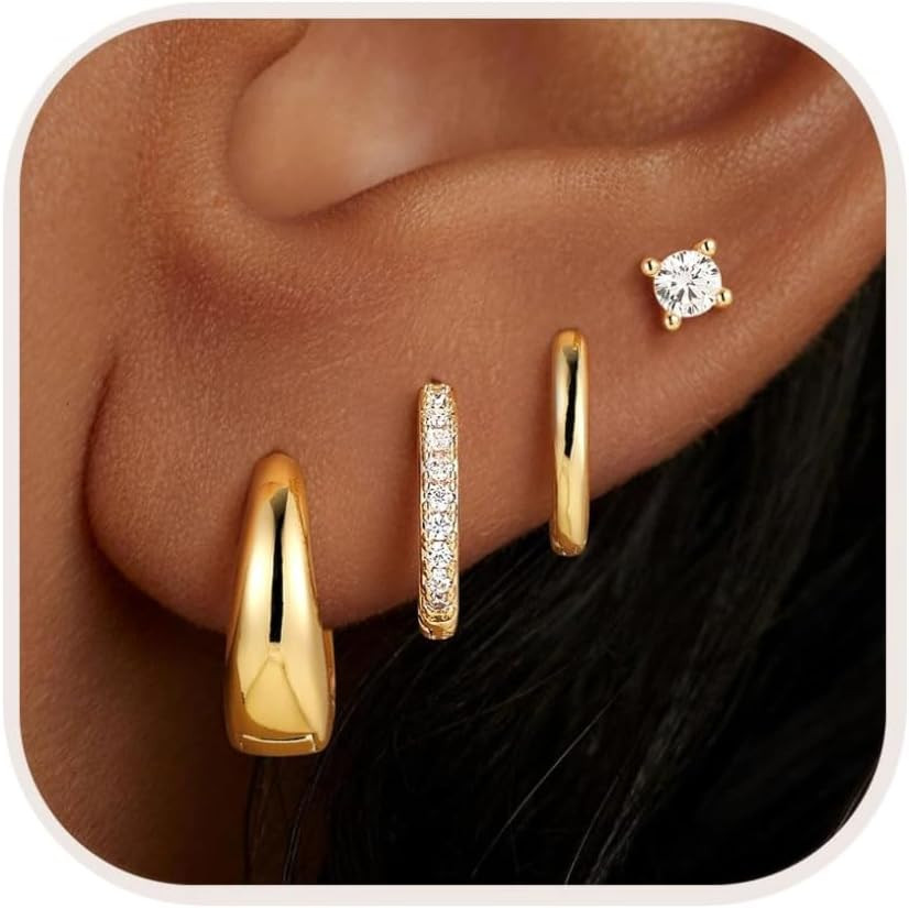 Gold Hoop Earrings Set for Women, Hypoallergenic Flat Back Stud Earrings for Sen