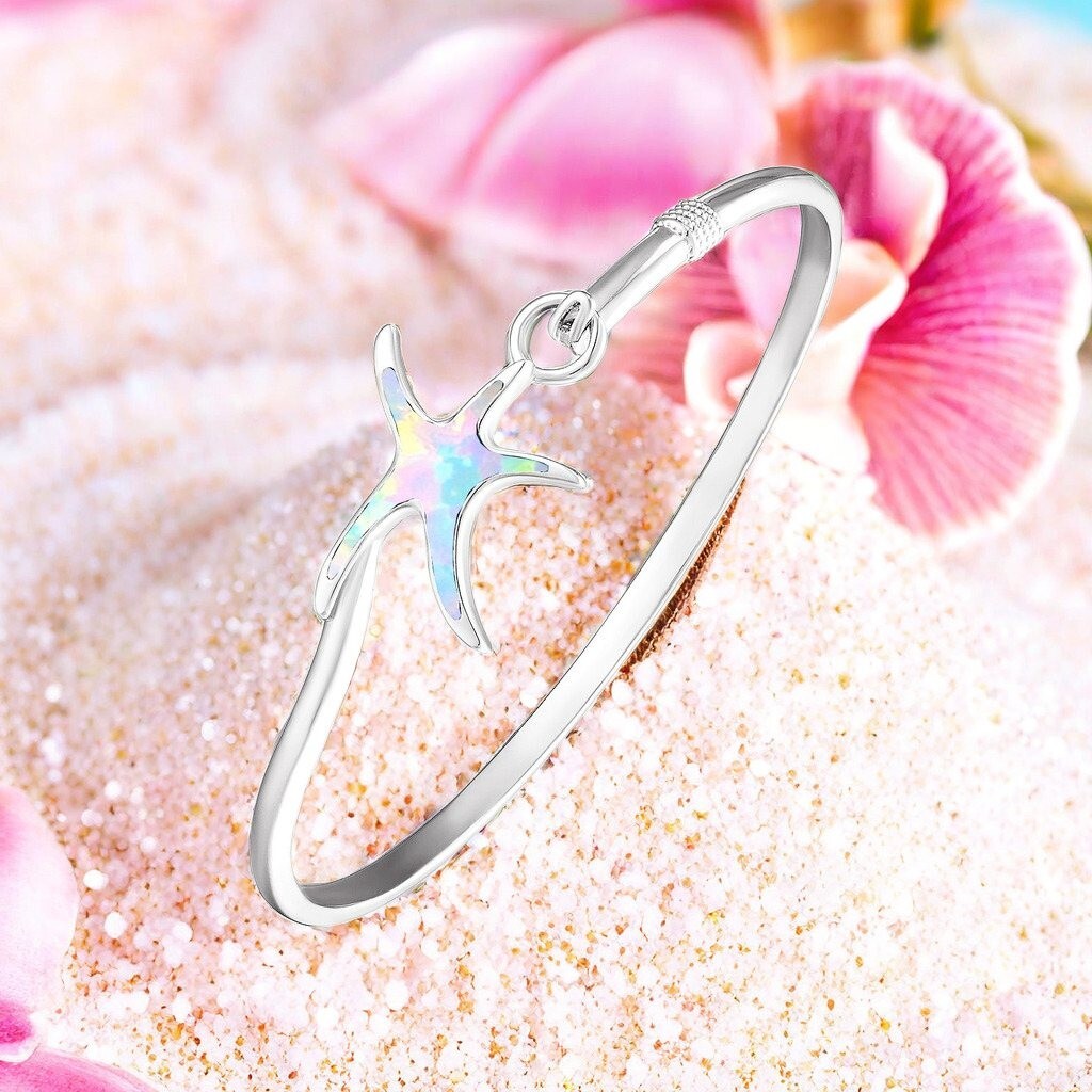 Hawaii White Opal Starfish Cuff Bangles 925 Sterling Sliver Jewelry For Women