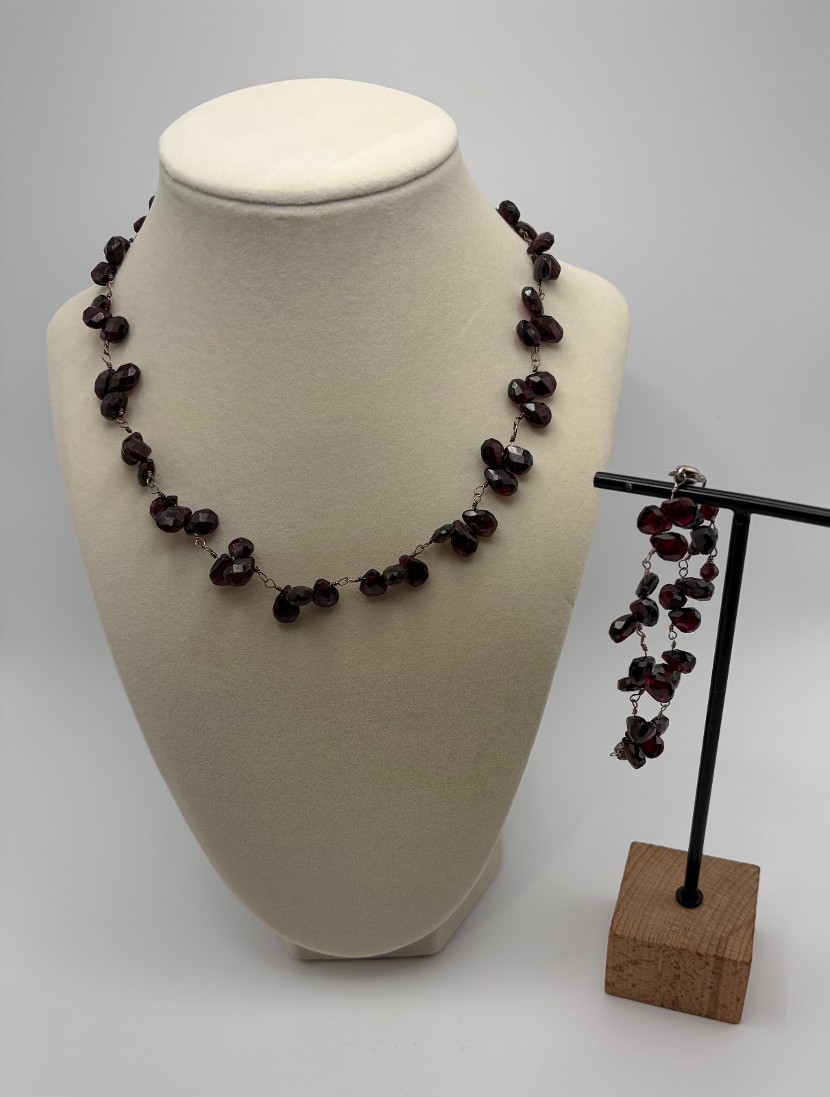 Estate Burgendy Red Glass Faceted Bead Necklace Bracelet Set Wire Wrapped