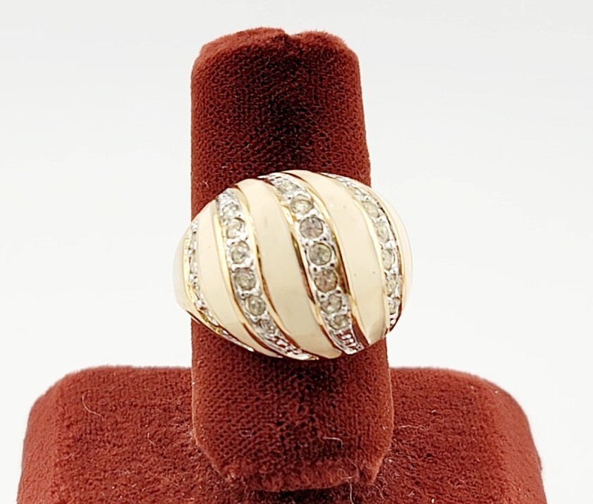 Vtg Ring Sz 7 Cream Enamel Dome Domed Bubble Rhinestones Jewelry 18KGE S#3