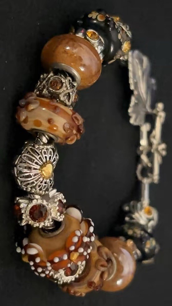 European Slider Charm Bracelet Murano Glass Brown Silver Gold Huge Flowers Heart