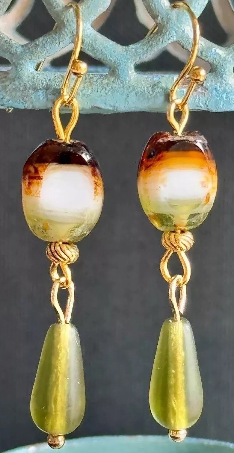 Gold, White, Green and Brown Earrings