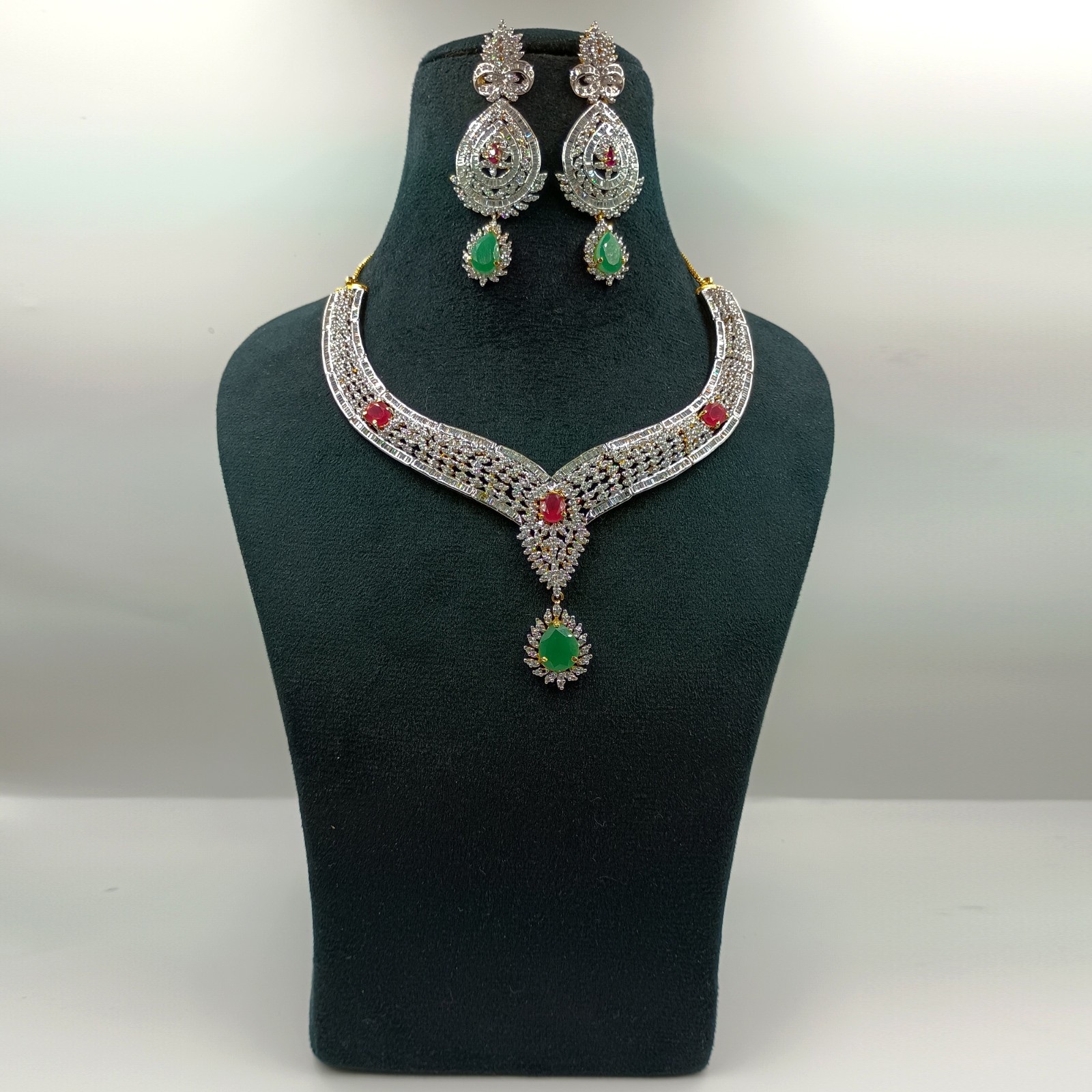 Traditional Emerald Ruby CZ Diamond Choker Necklace Set 22k Gold Plated