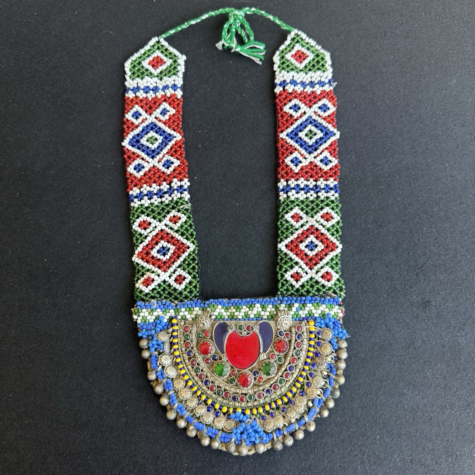 Handcrafted Multicolor Beaded Statement Necklace Glass/Metal Crescent Pendant