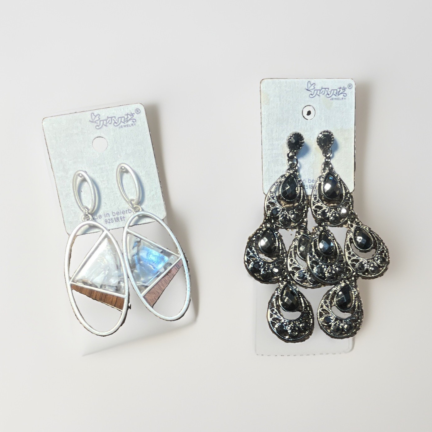 2 Pair Silver Tone Geometric & Black Teardrop Dangle Drop Post Earrings Set