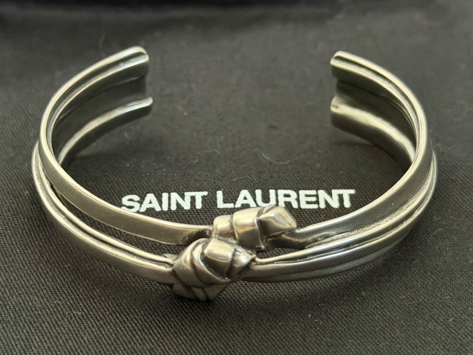 NWT Saint Laurent YSL Triple Knotted Antique Silver Brass Cuff Bracelet L $895