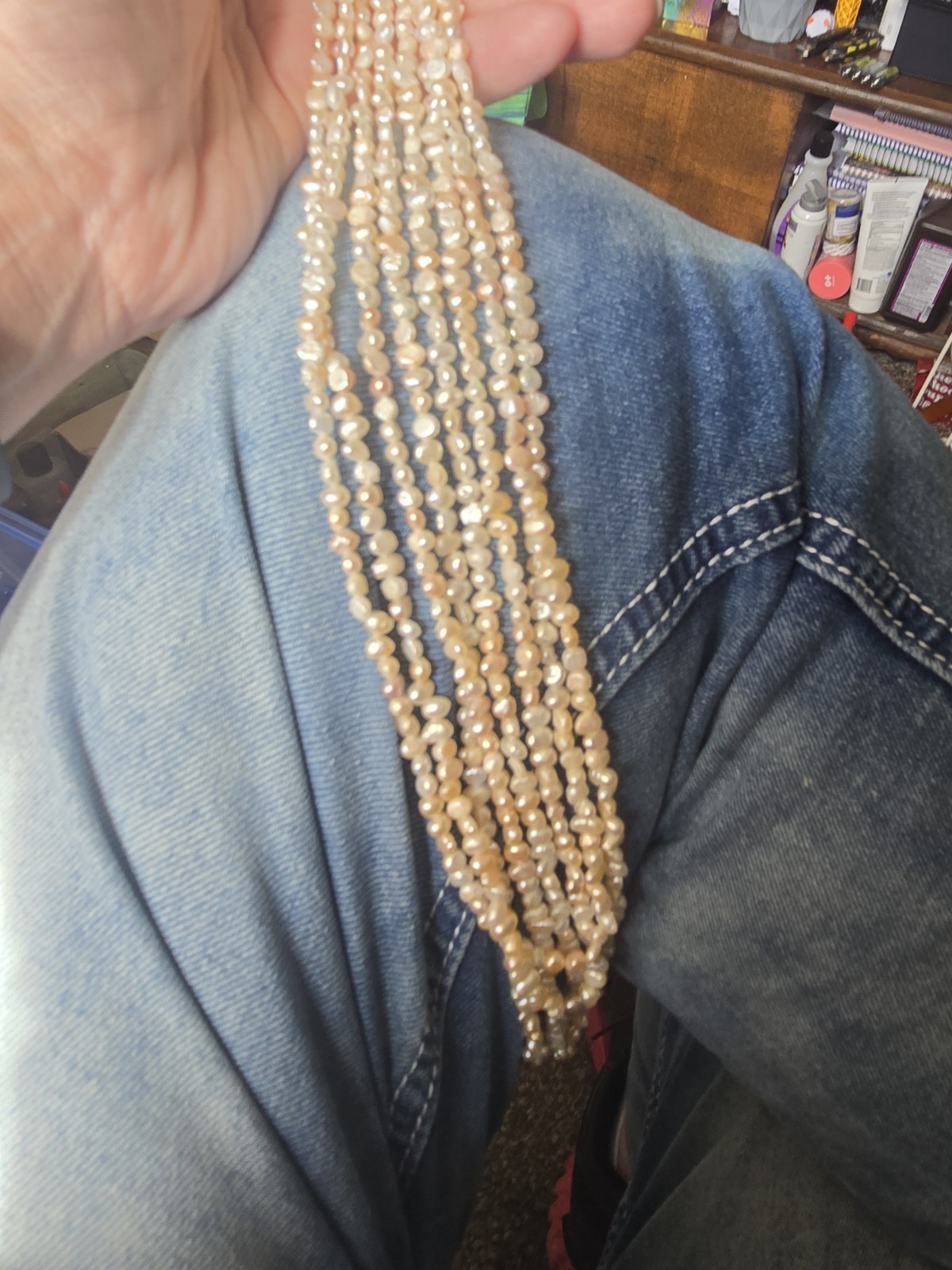 Cream Round Pearl Multi-Strand Beaded Necklace, Ball/Bead Chain, 50 in
