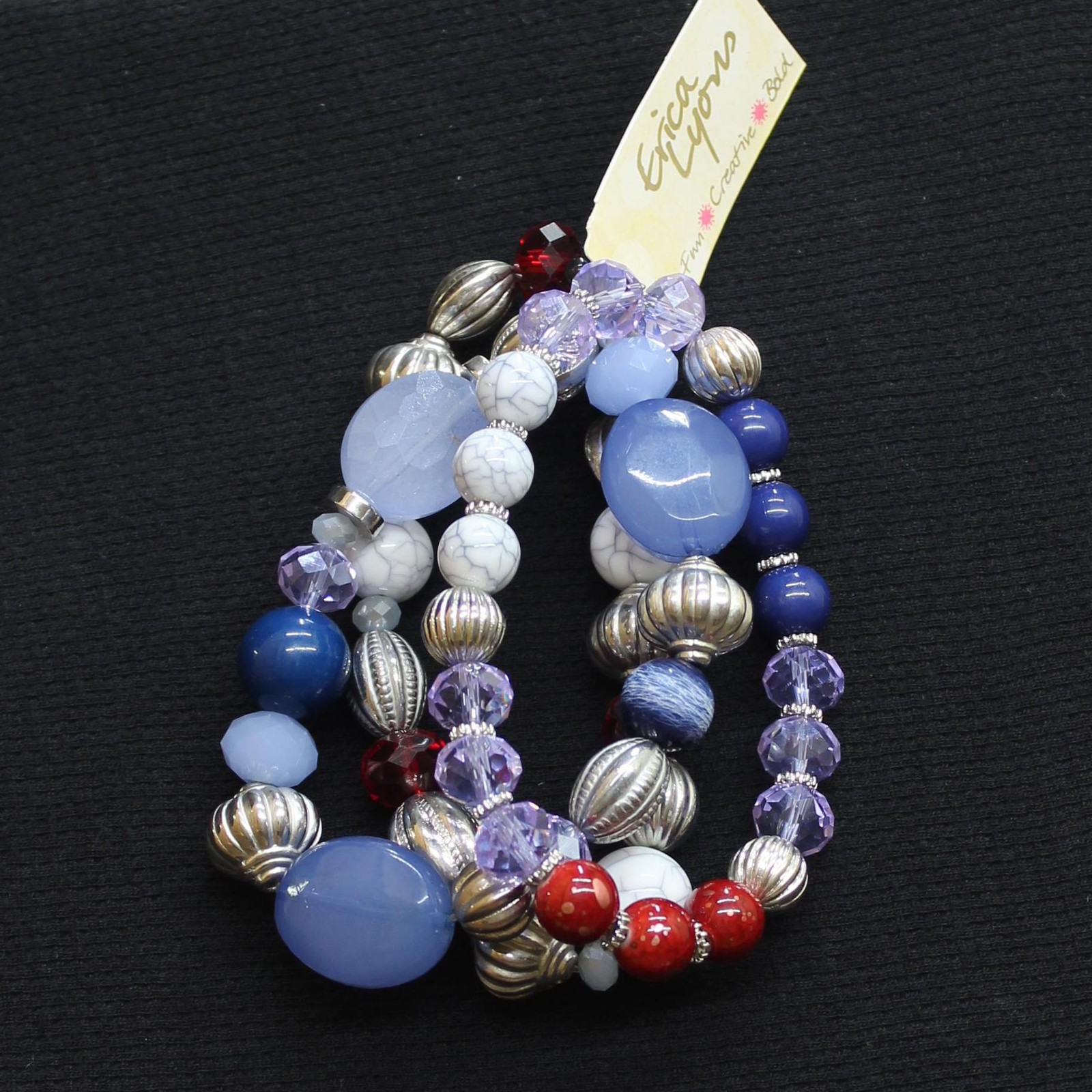 Erica Lyons Beaded Holiday Elastic Bracelets Silver Gray / Blue Multi