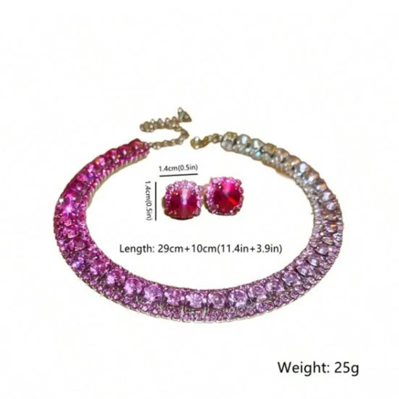 Luxury Crystal Necklace Earrings Set Pink Purple colourful Necklace