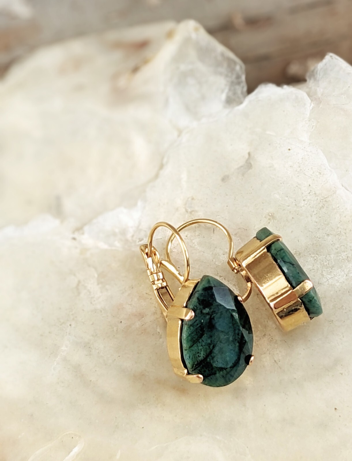 29.0 Total Carats Natural Emerald Rough Cut In Drop 18k Gold Plated Earrings