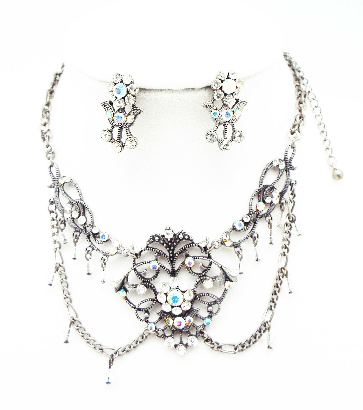 DESIGNER INSPIRED 19 in CLEAR MULTI CRYSTAL SILVER VICTORIAN JEWELERY SET NEW