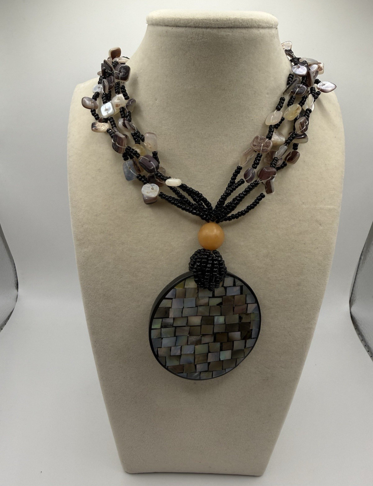 Vintage Mother of Pearl Mosaic Boho Necklace Multi Strand Shell Seed Bead costal