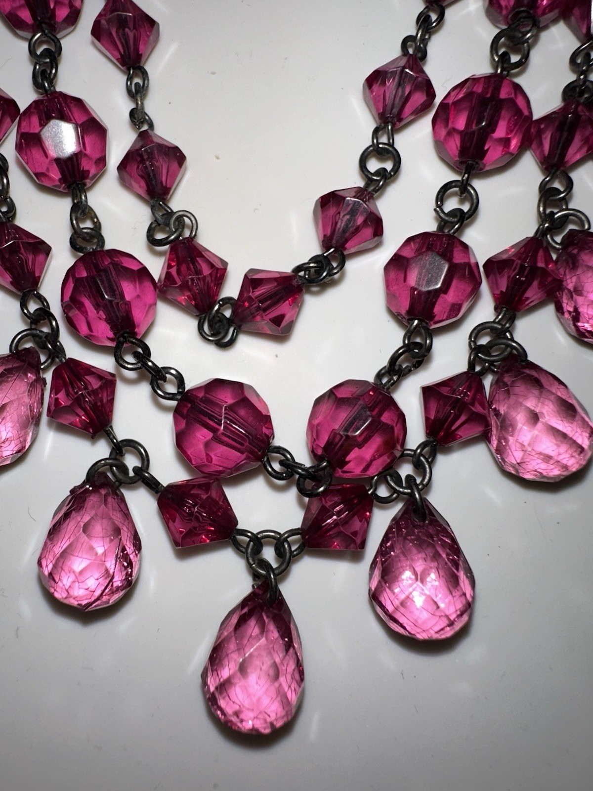 Three Strand Purple Teardrop Beaded Statement Necklace 18.5in in Black Metal