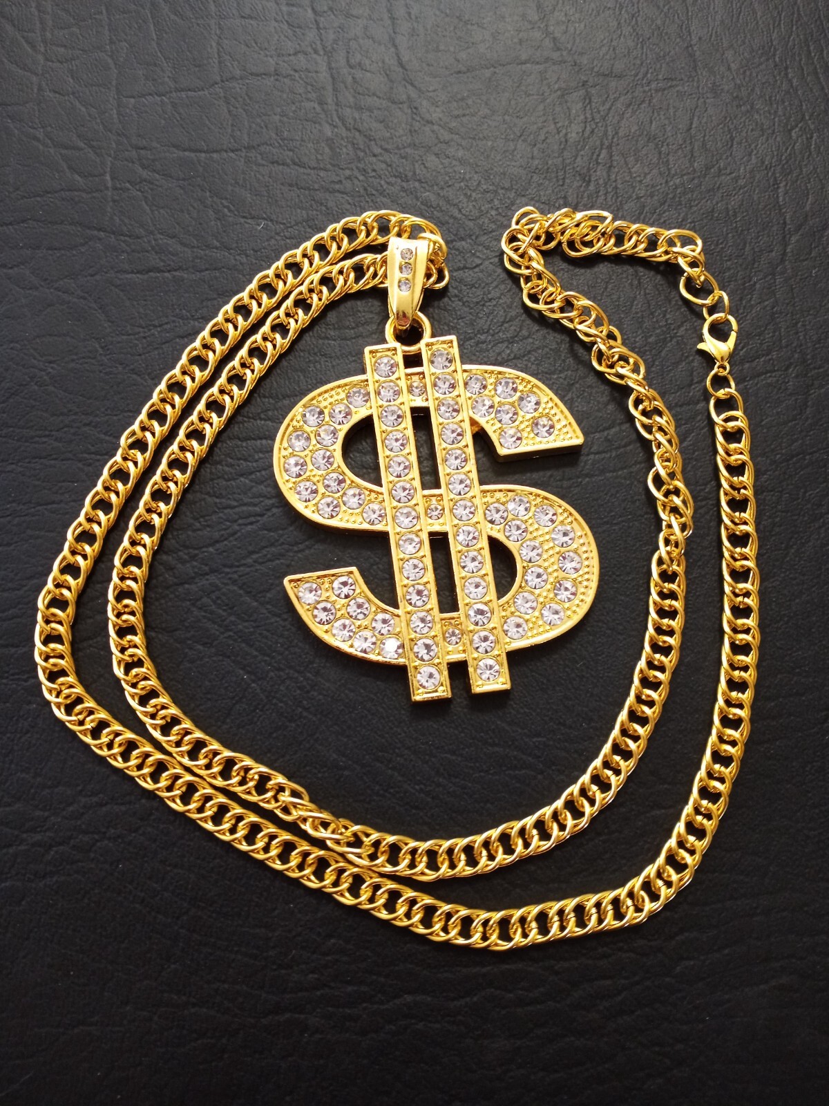 BIG MONEY ICED DOLLAR SIGN NECKLACE GOLD TONE CHAIN 7mm 27″ LONG -2.5″ PENDANT