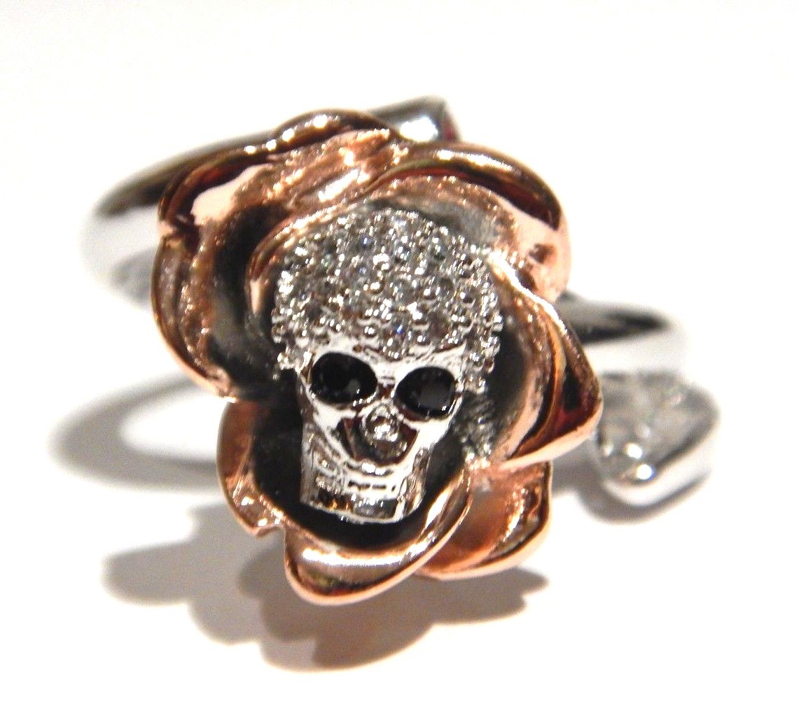 SKULL ROSE RING silver & rose gold plated glass crystal gothic death flower H5