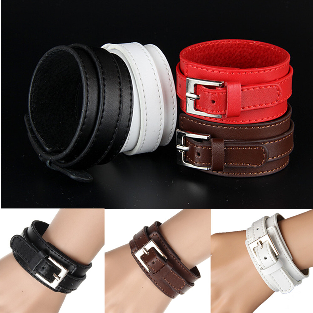 New Men Punk Wide PU Leather Belt Wristband Cuff Bracelet Bangle Adjustable US