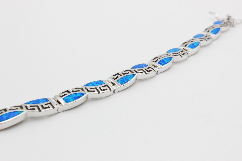 Hawaii Beach Blue Square 925 Sterling Sliver Fire Opal Bracelet 18cm