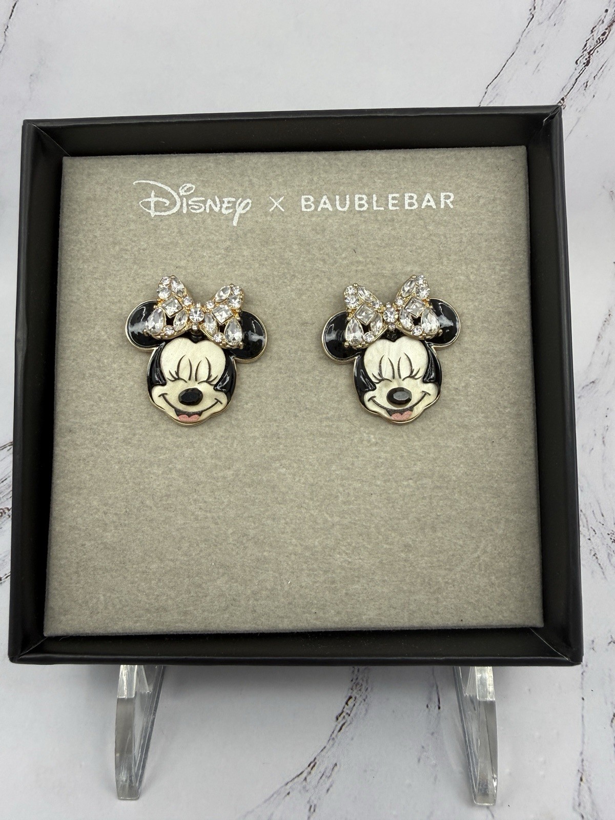 Disney x BaubleBar Minnie Mouse Bow Crystal Rhinestone Stud Earrings NIB 1”