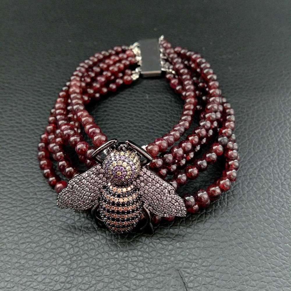 8″  6 Rows Natural Round Garnet Bracelet Cz pave Bee Connector