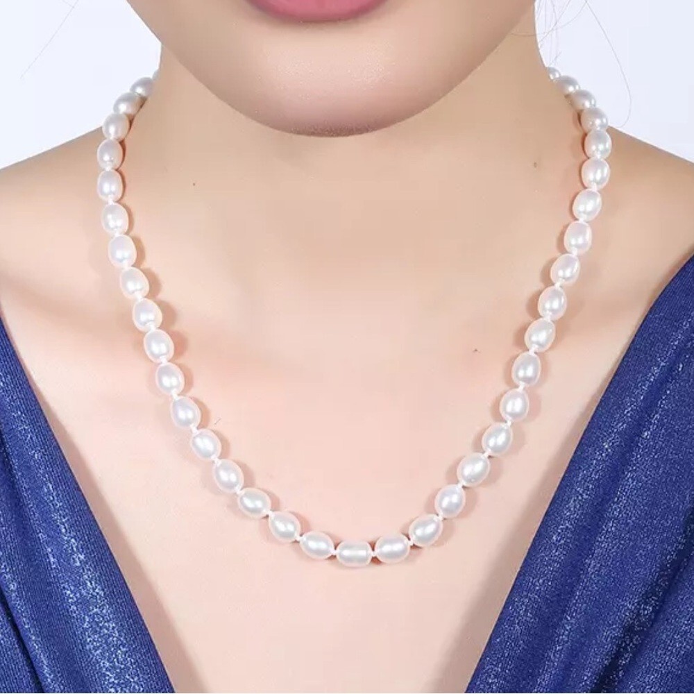 6-7mm Hand Strung Natural Rice Pearl Necklace Earring Set D7