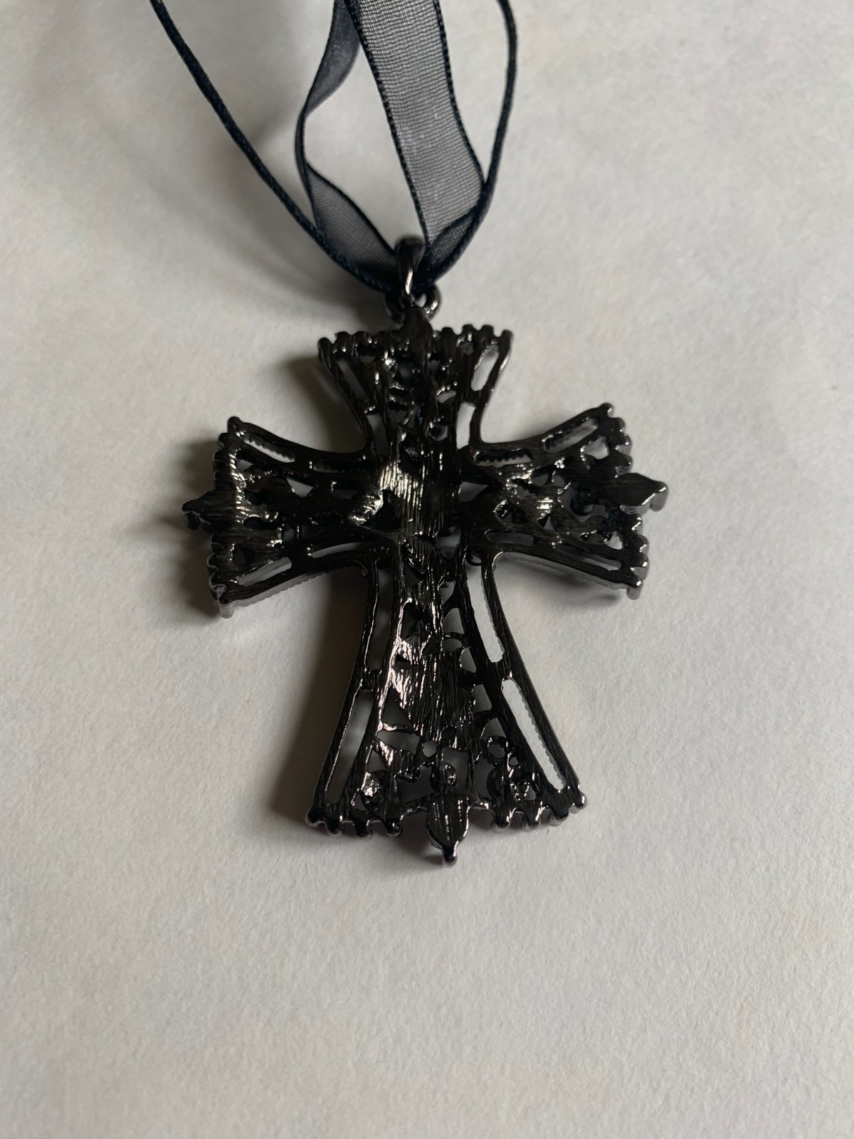 Gothic Black Cross Pendant Necklace Gunmetal Rhinestone Victorian Style Jewelry