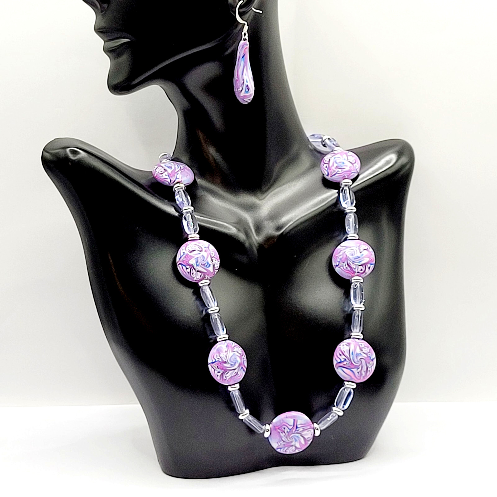 Artisan Fluid Art Purple Swirl Polymer Clay w Glass Necklace Pierced Earrings