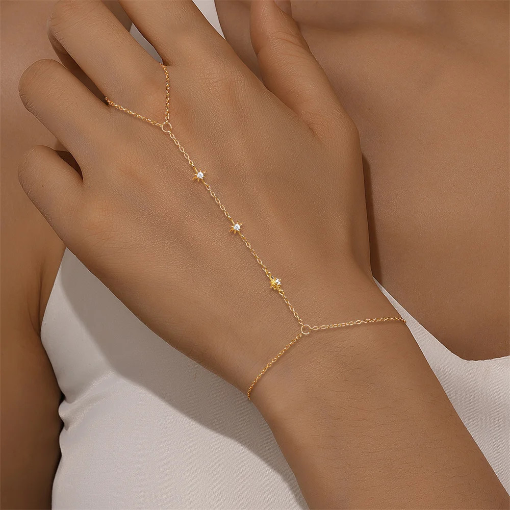 Sterling Silver Hand Chain Bracelet Heart Star Simulated Zirconia Jewelry