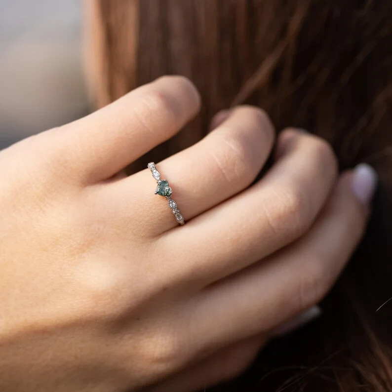 Moss agate heart promise ring, Unique heart cut moss agate engagement ring