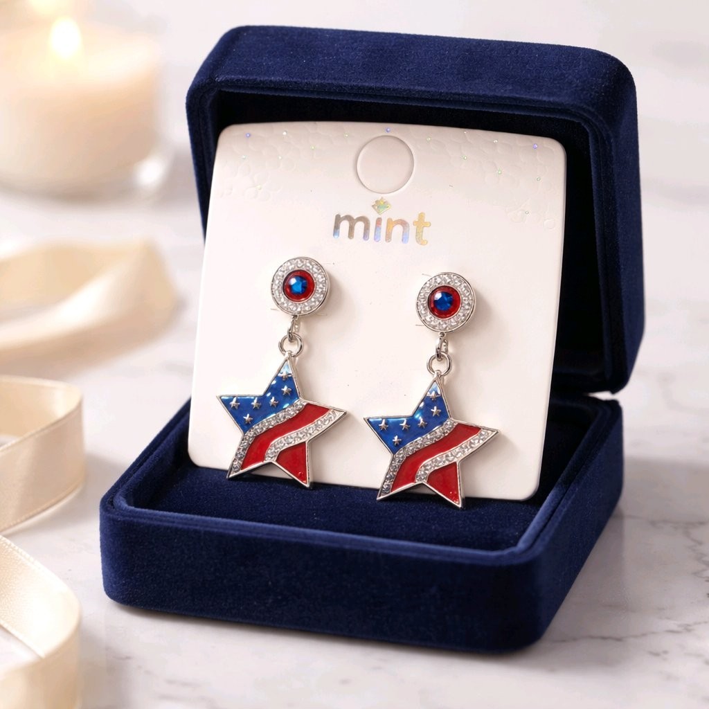 Mint Patriotic USA Flag Star Earrings Crystal Red White Blue Enamel Dangle Gift