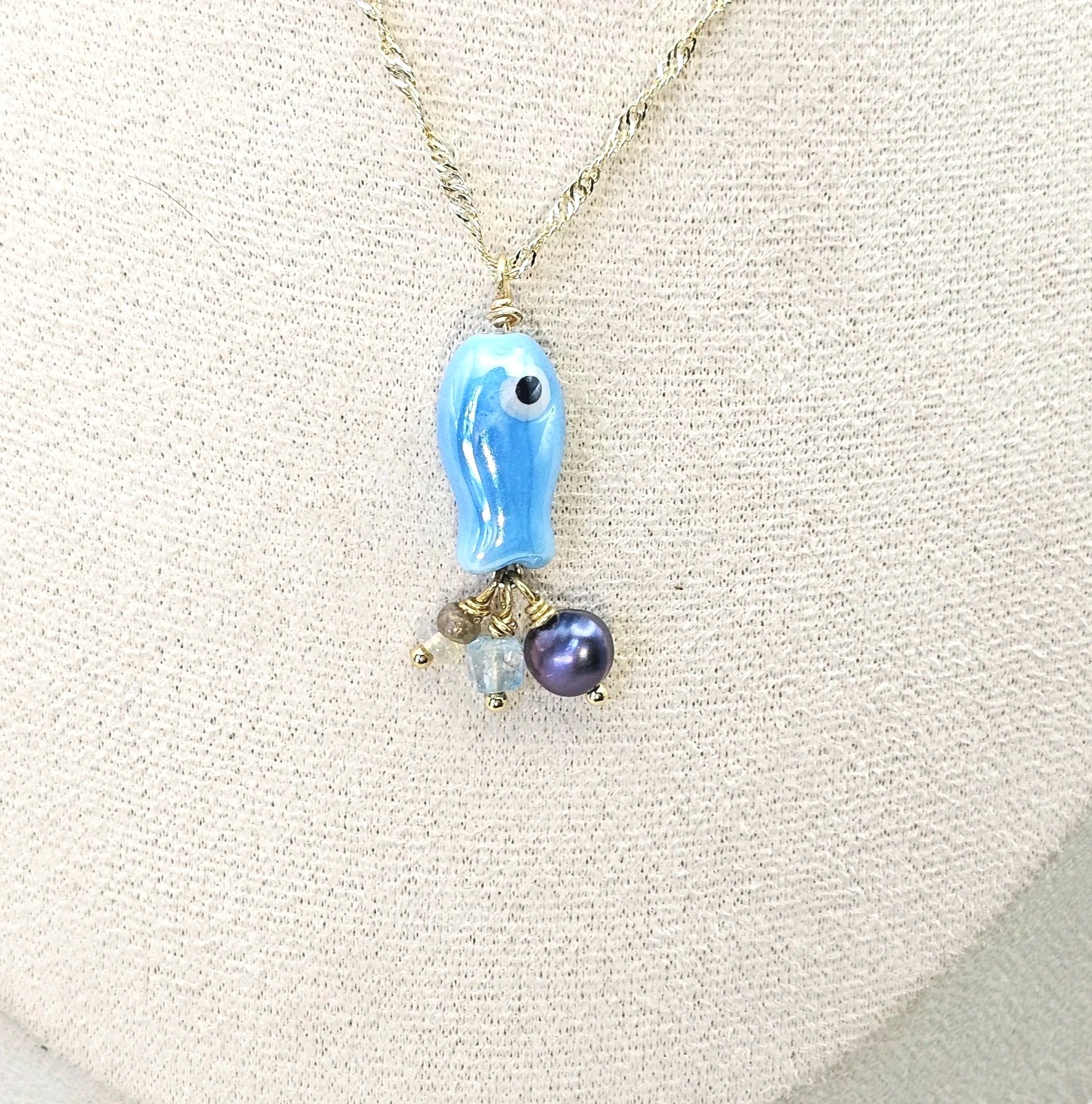 Beachy Fish Starfish Necklaces Handmade Genuine Gemstones Ceramic Jewelry Set