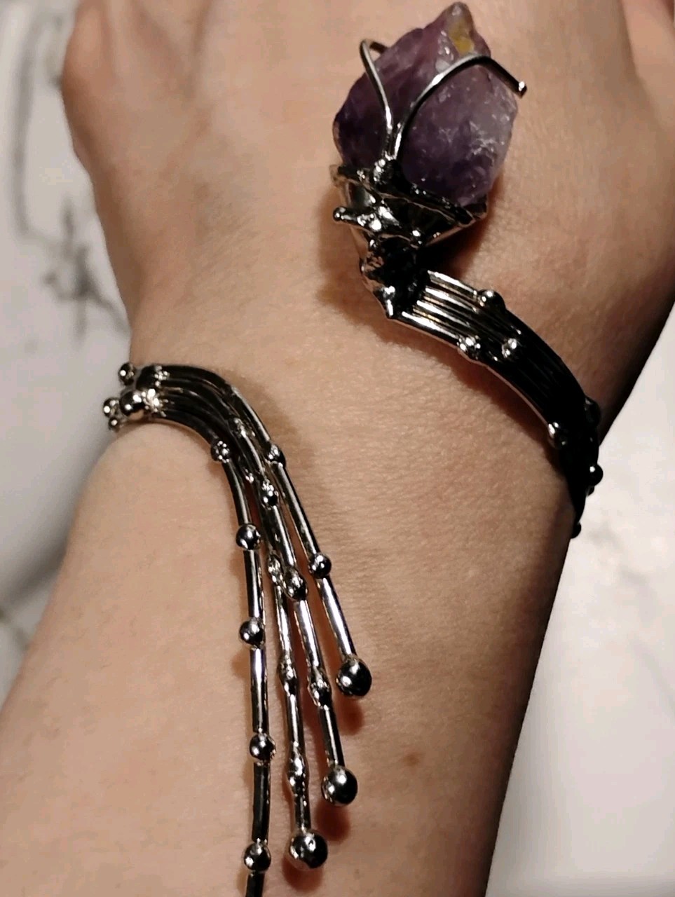 Raw Amethyst Point Silver Tone Brutalist Sculptural Wrap Bracelet