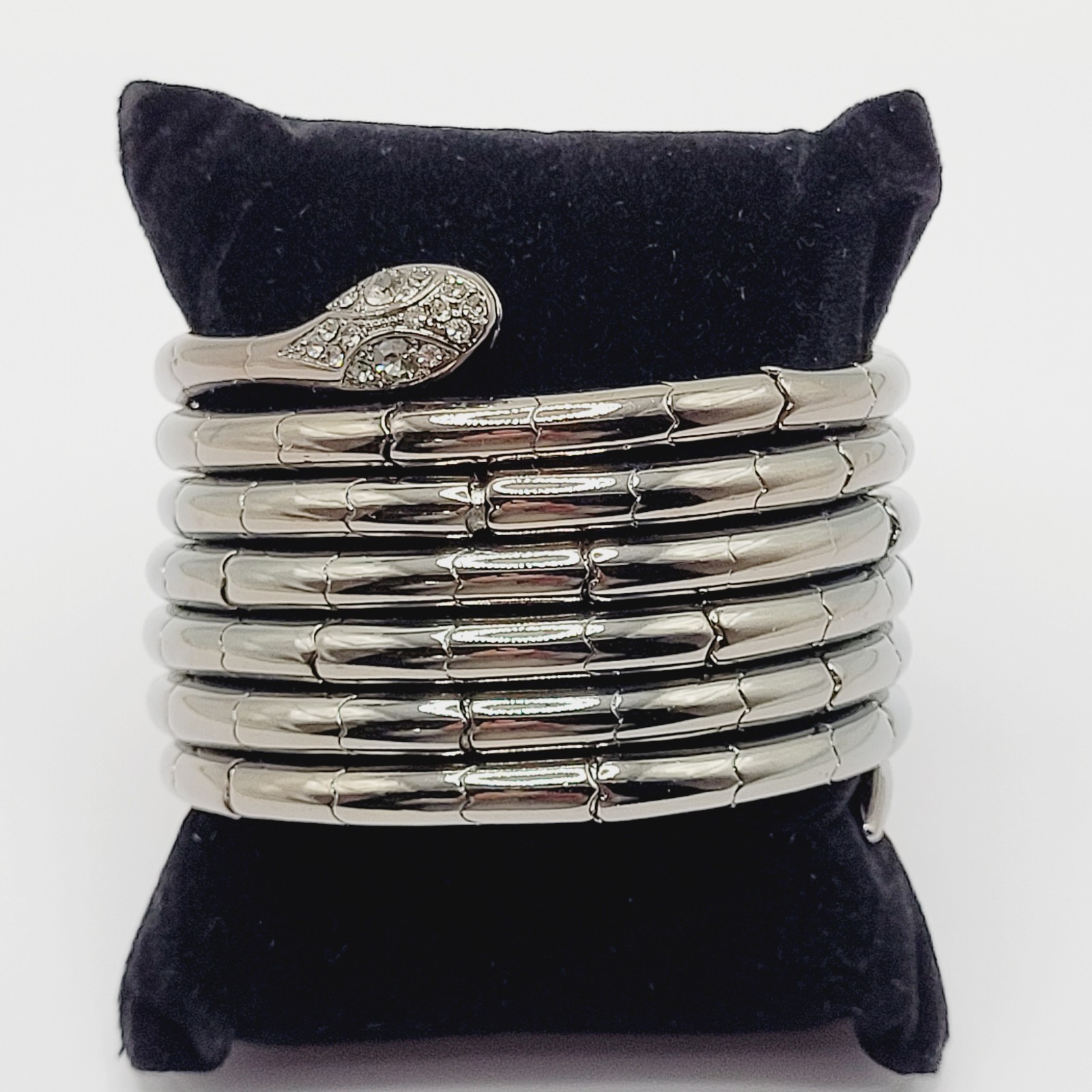 Snake Rhinestone Eyes Wide 7 Band Wrap Dark Shiny Gunmetal Tone Modern Bracelet