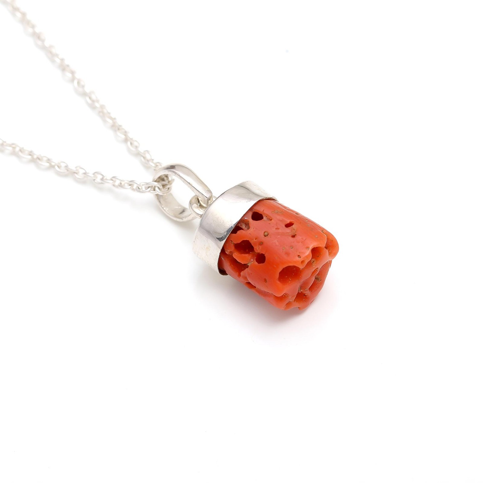 Natural Italian Red Coral Rough Chain Pendant 925Sterling Silver Vintage Jewelry
