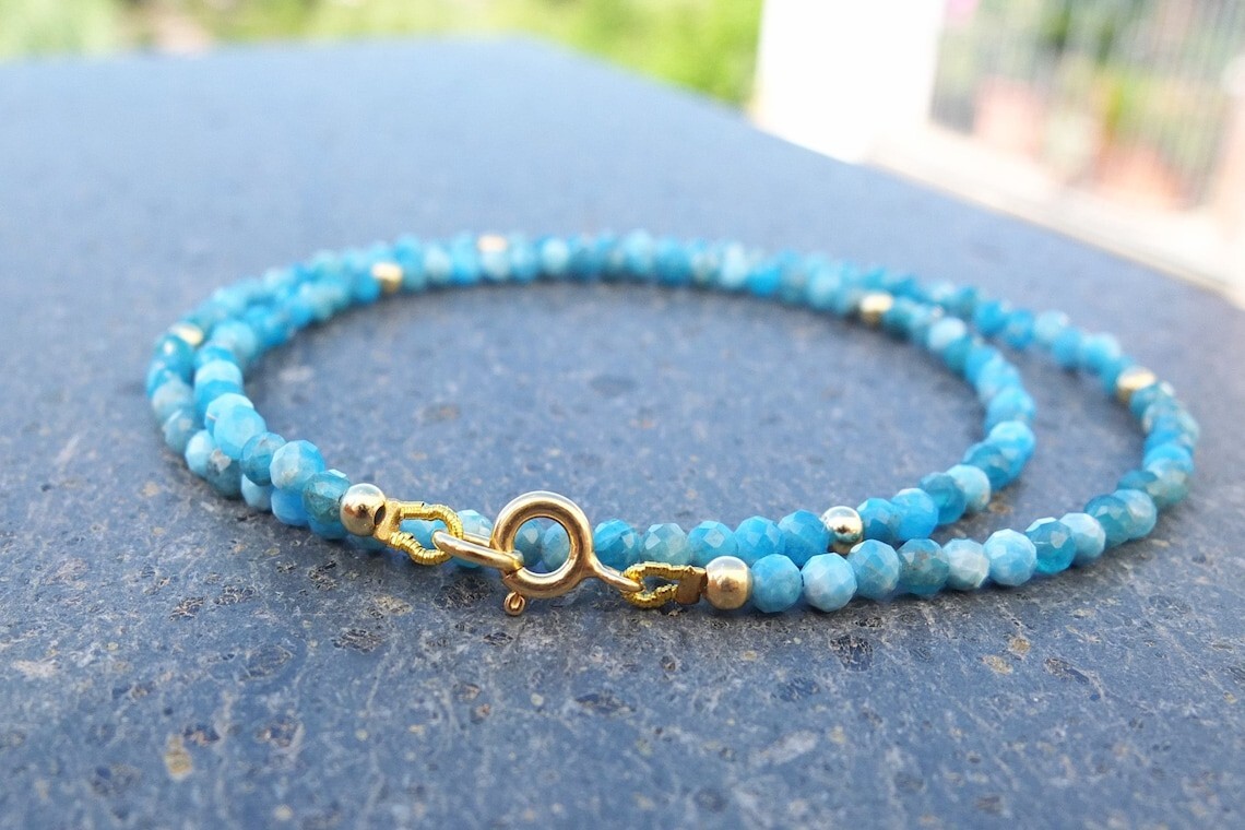 A++Beautiful Apatite Faceted Round Gemstone Gold Feld Beads Necklaces 18” Girls