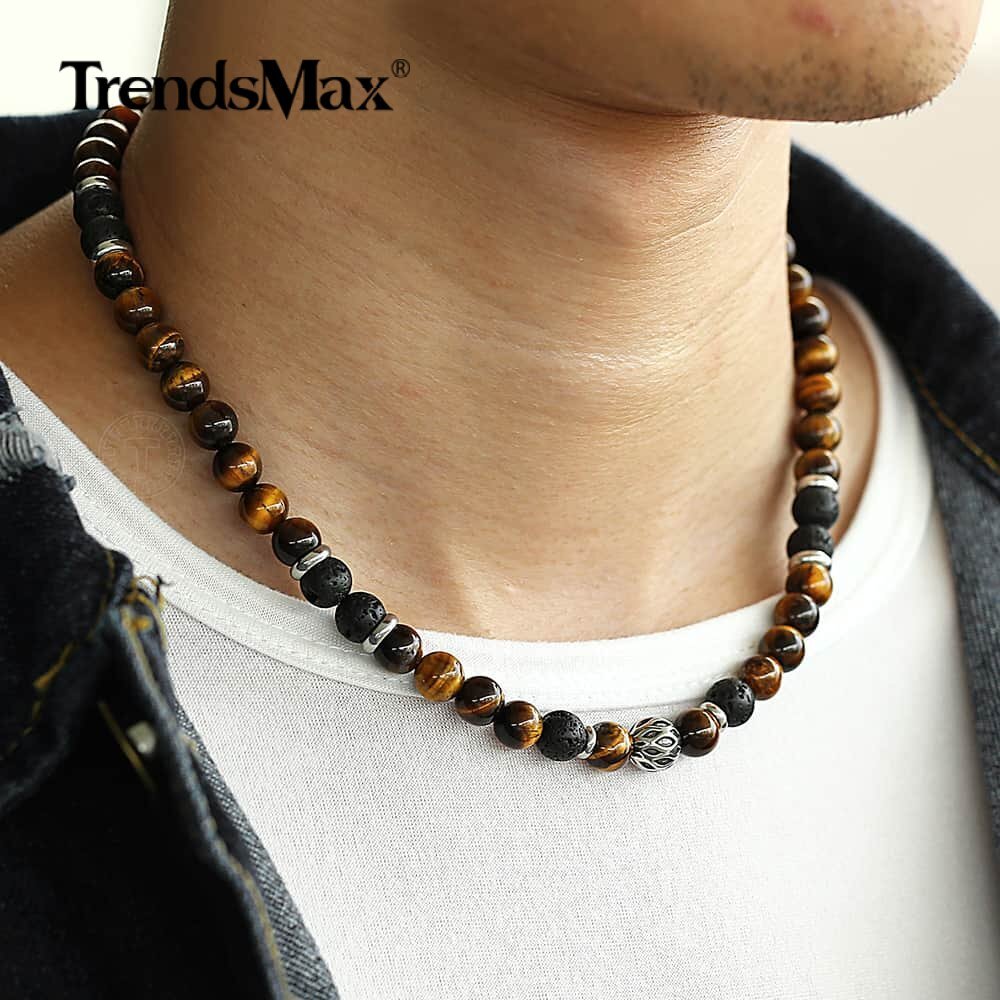 8mm Natural Tiger’s Eye Jasper Lava Beads Choker Necklace Men Women Gift 18inch
