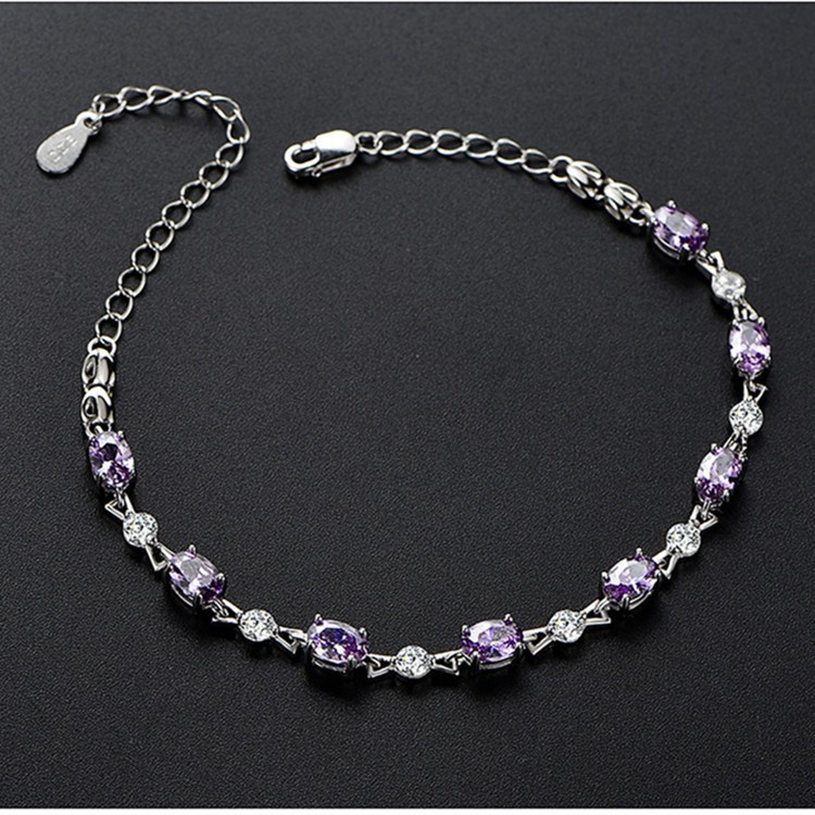 Elegant Amethyst&Clear CZ Spaced Chain Link Splicing Bracelet 20cm Silver Plated