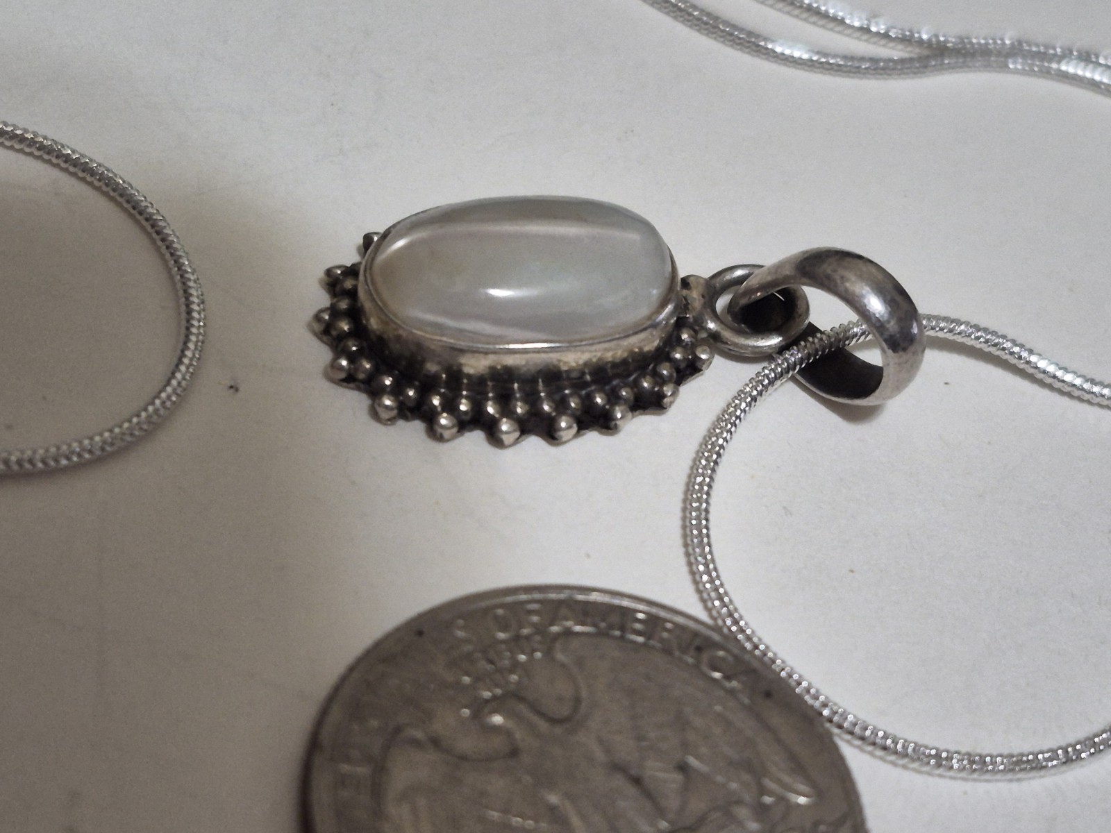 925 Sterling Silver White Moonstone Oval Bezel Charm Pendant Snake Chain Signed