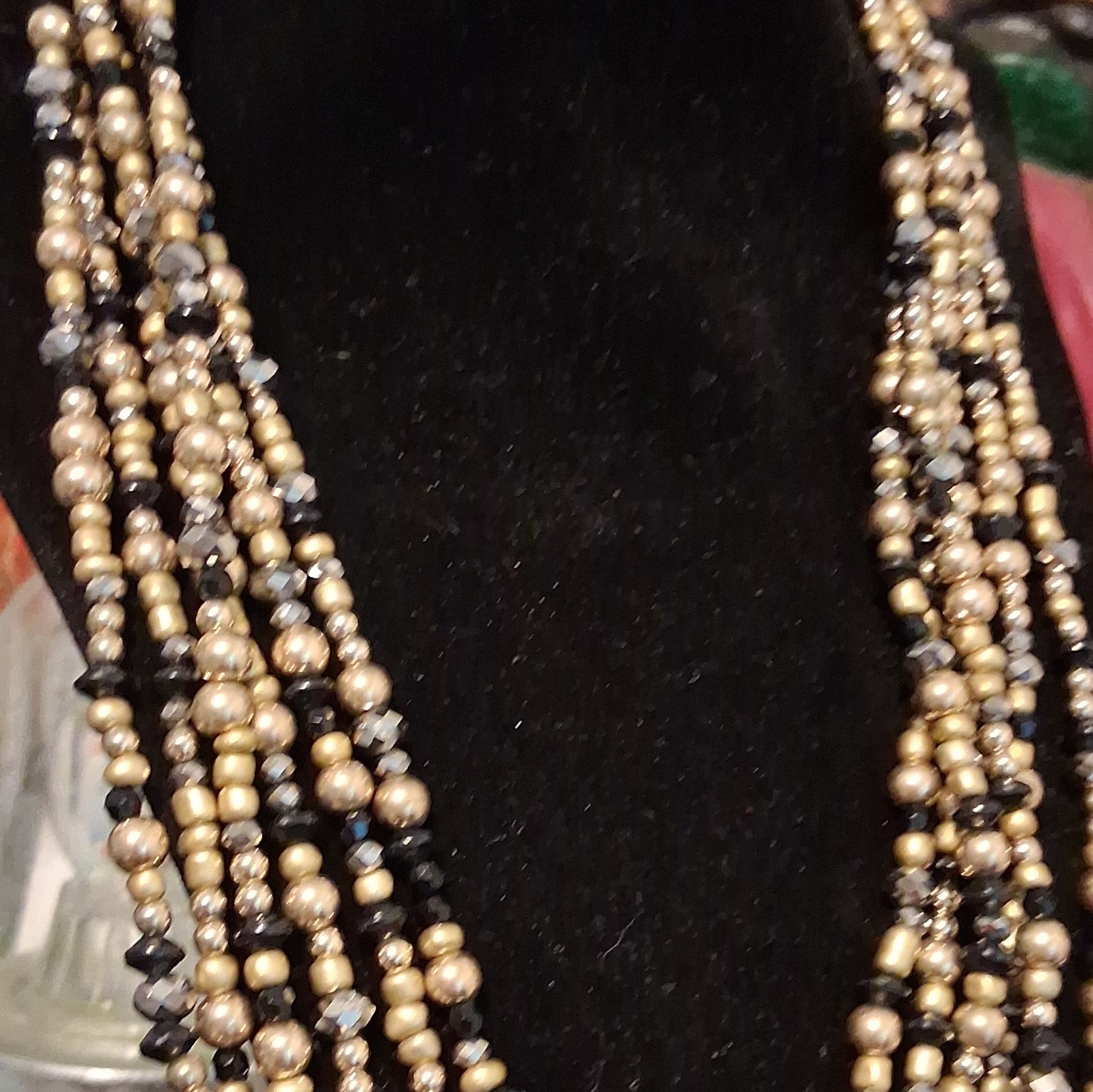 Multi-Strand Layered Gold & Black Beaded Crystal Glass Necklace Lobster Clasp