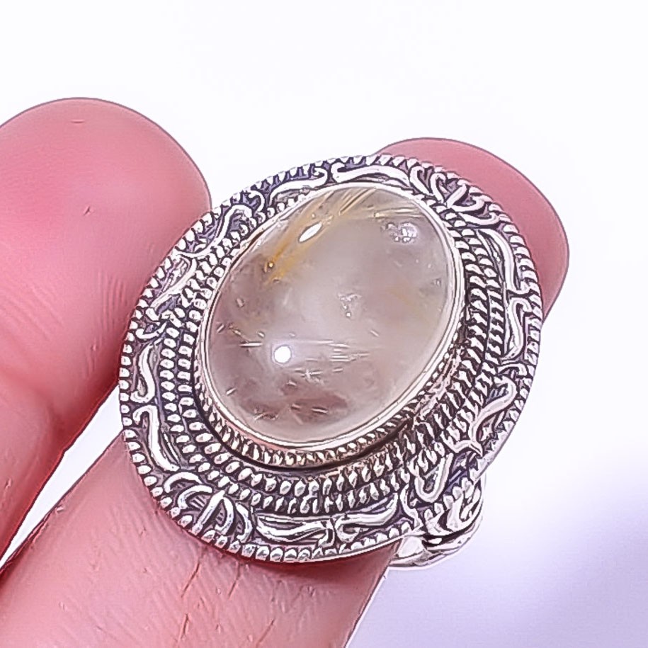 Golden Rutilated Quartz – Bahia 925 Silver Plated Bali Ring s.9 W3174