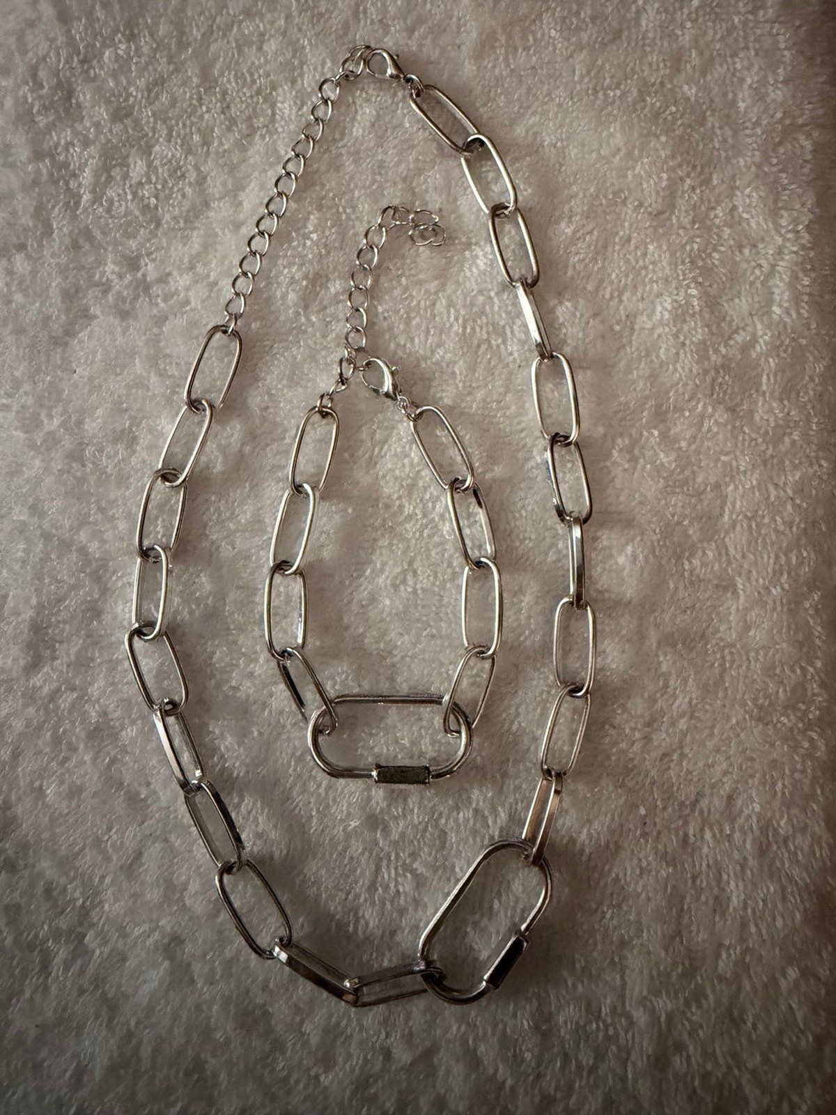 Silver Tone Paperclip Chain Necklace & Bracelet Set Layering Jewelry Matching Se
