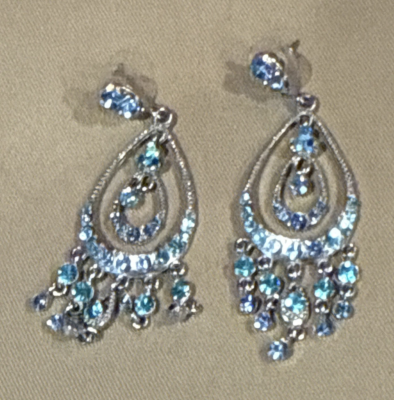 Blue Crystal Teardrop Dangle Drop Earrings Silver Tone Butterfly