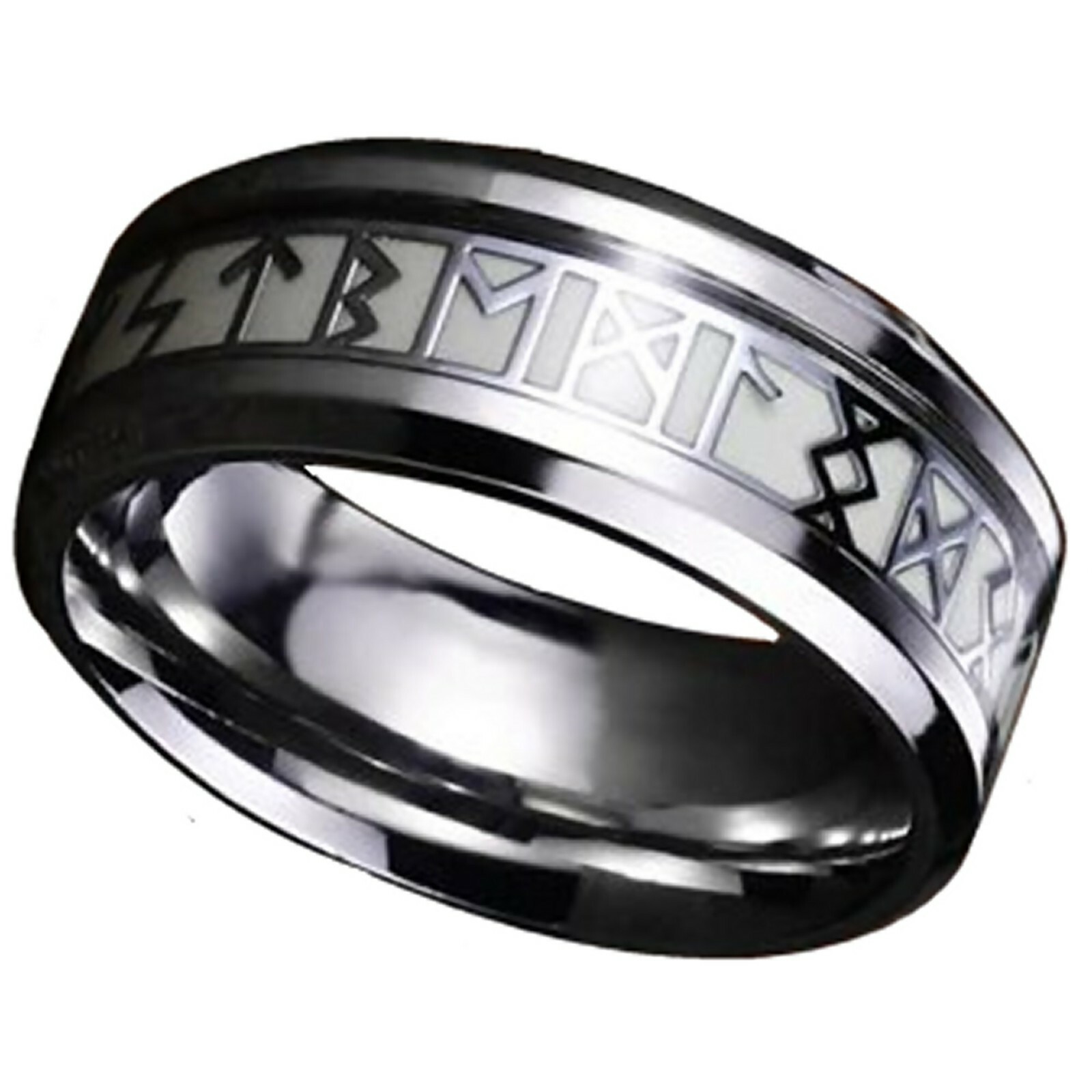 Glow in the Dark Celtic Rune Ring Silver Stainless Steel Norse Druid Viking Band