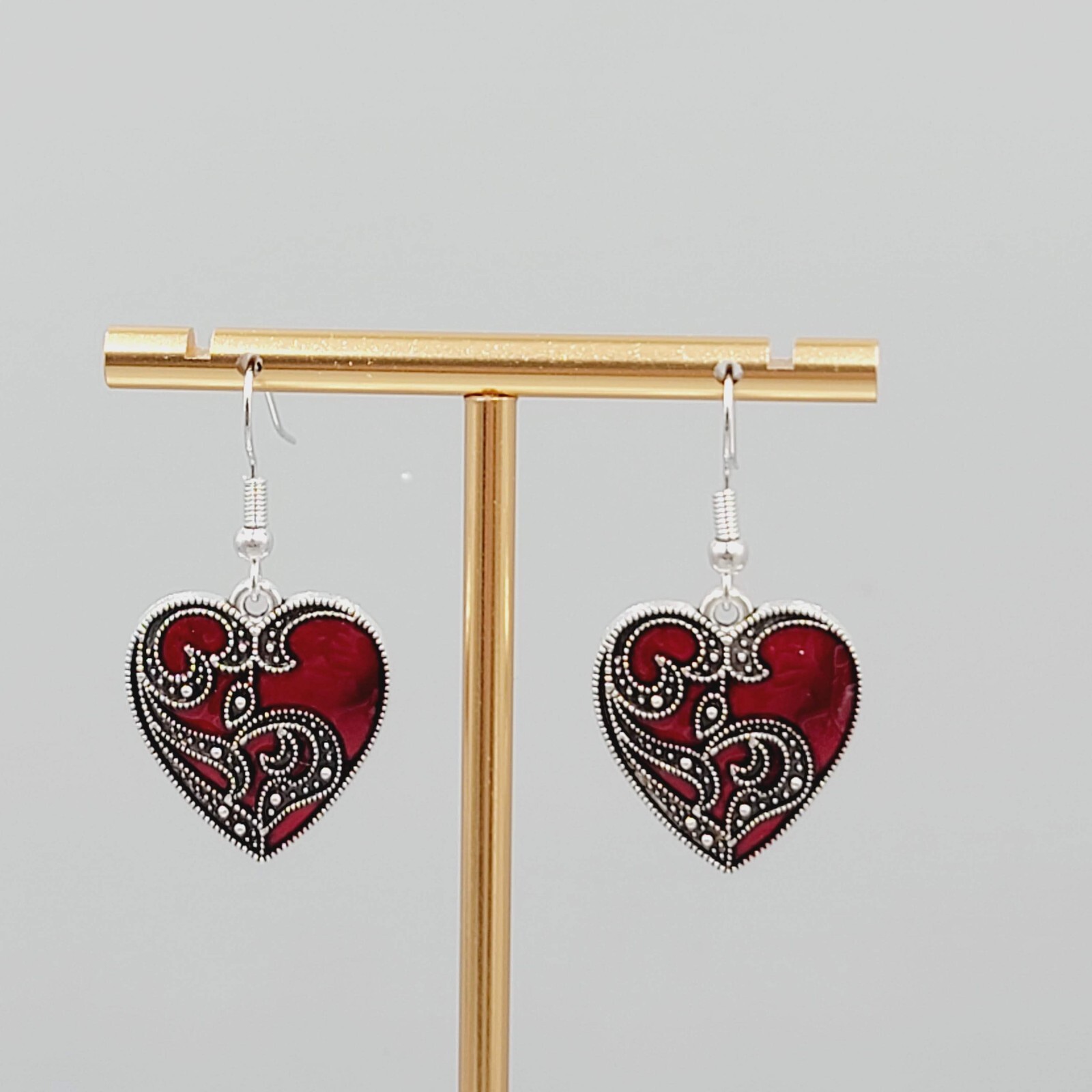 Satin Enamel Heart Pierced Earrings Black Swirl Accent Silver tone Dangle 1″