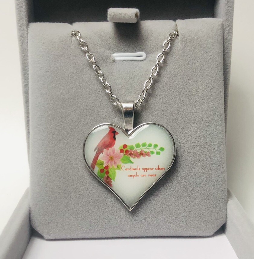 New Red Bird Cardinal Heart Pendant Necklace, Angels Are Near Jewelry Gift