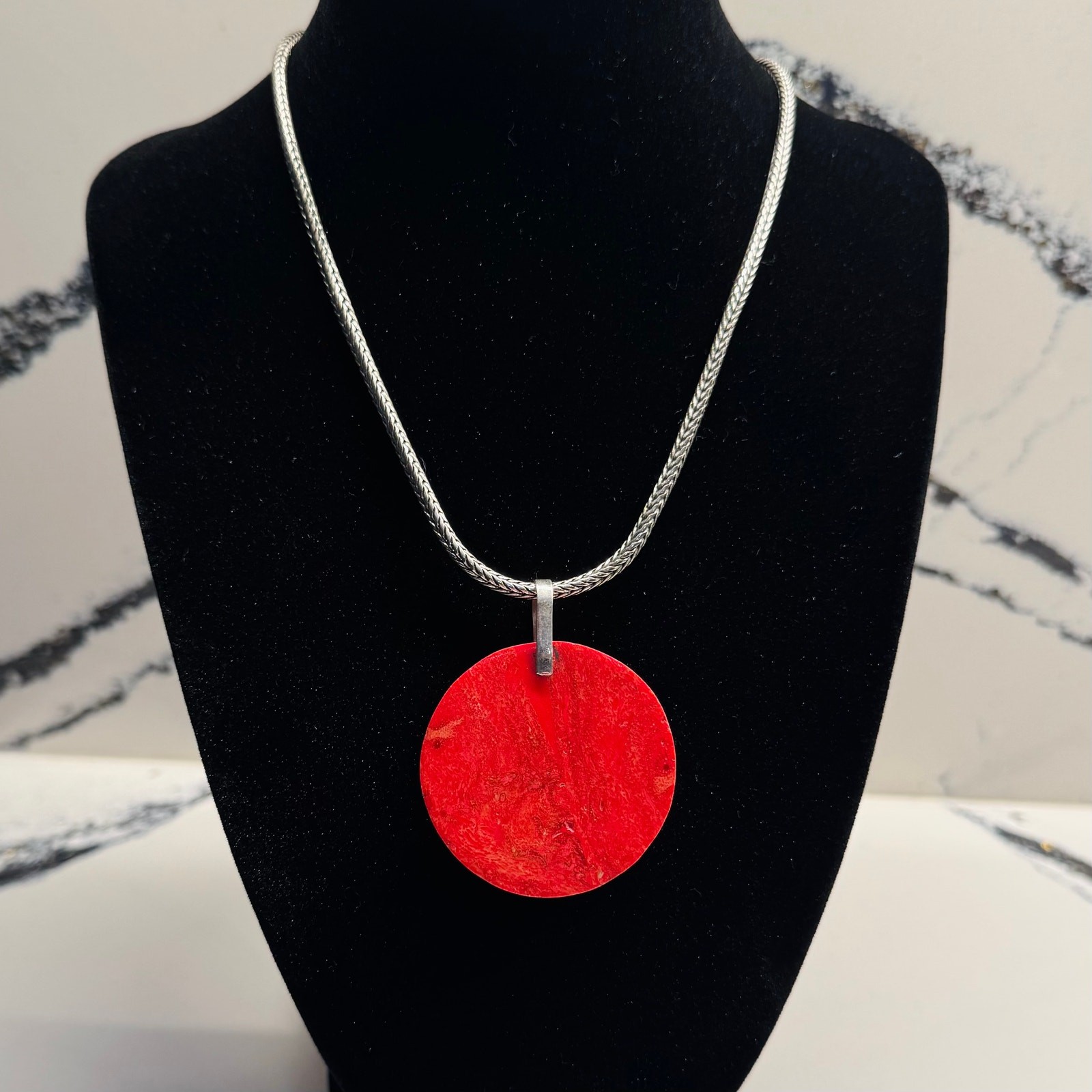 Statement Red Resin Circle Pendant Necklace Silver Tone Snake Chain Modernist