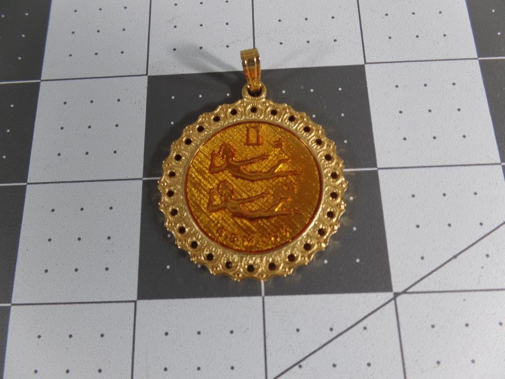 Vintage Gemini Zodiac Pendant Gold Tone Round Lace Edge Medallion Charm