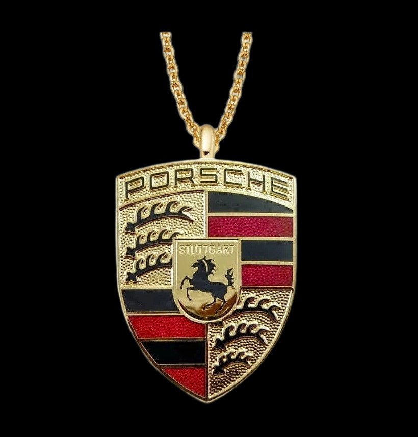PORSCHE Emblem Necklace – 1 3/4″ Goldplate Steel Pendant – 24″ Chain