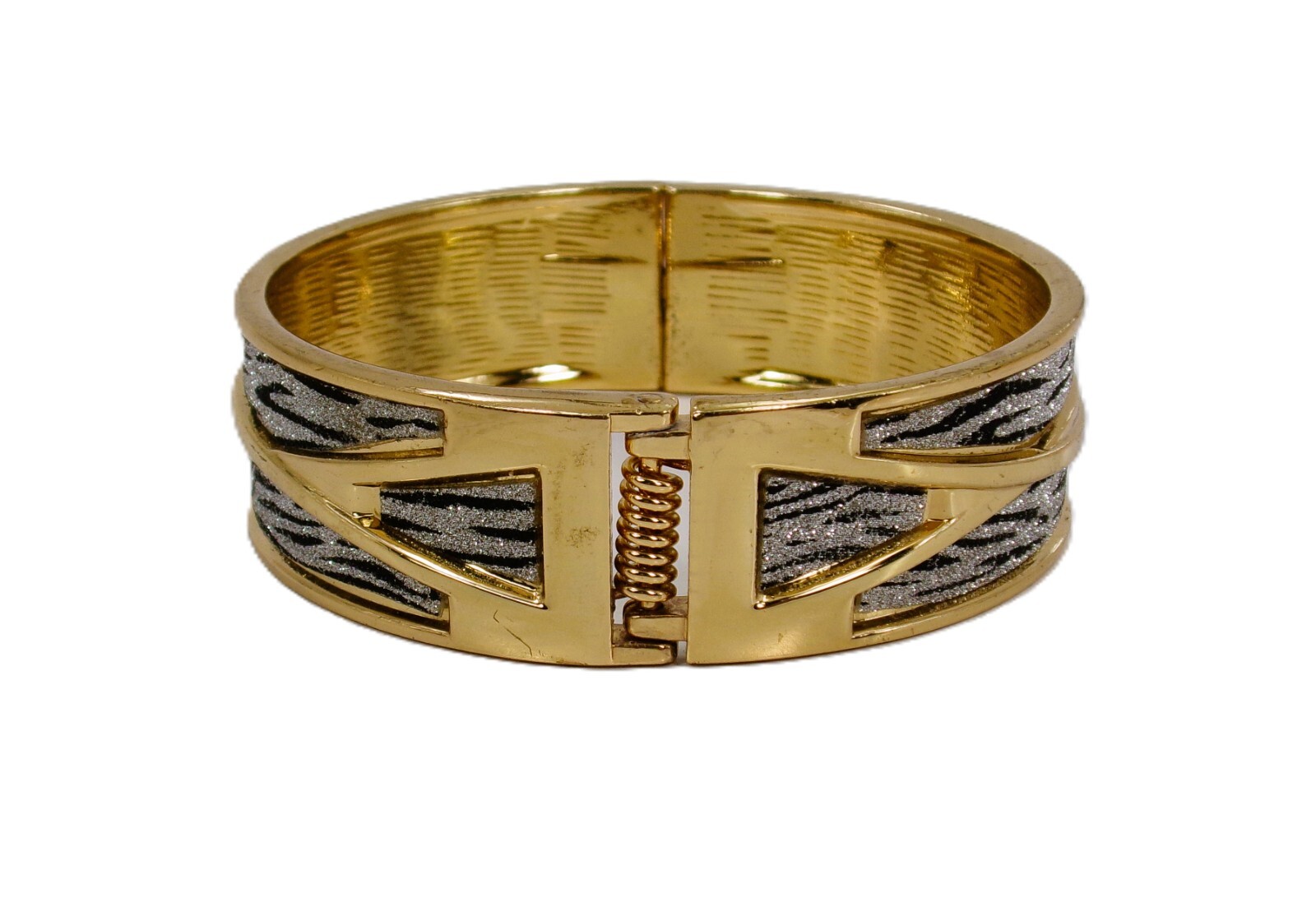 Gold bangle wide bracelet with a silver and black sparkle, spring opening New