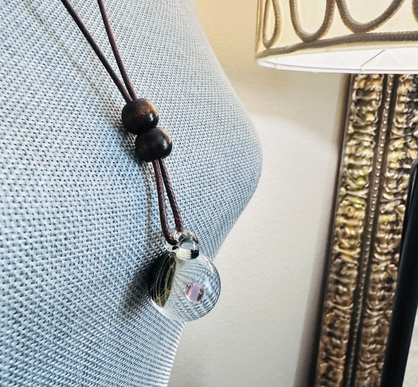 Galaxy Cosmic Sphere Glass Lampwork Pendant w/Long Brown Cord Necklace